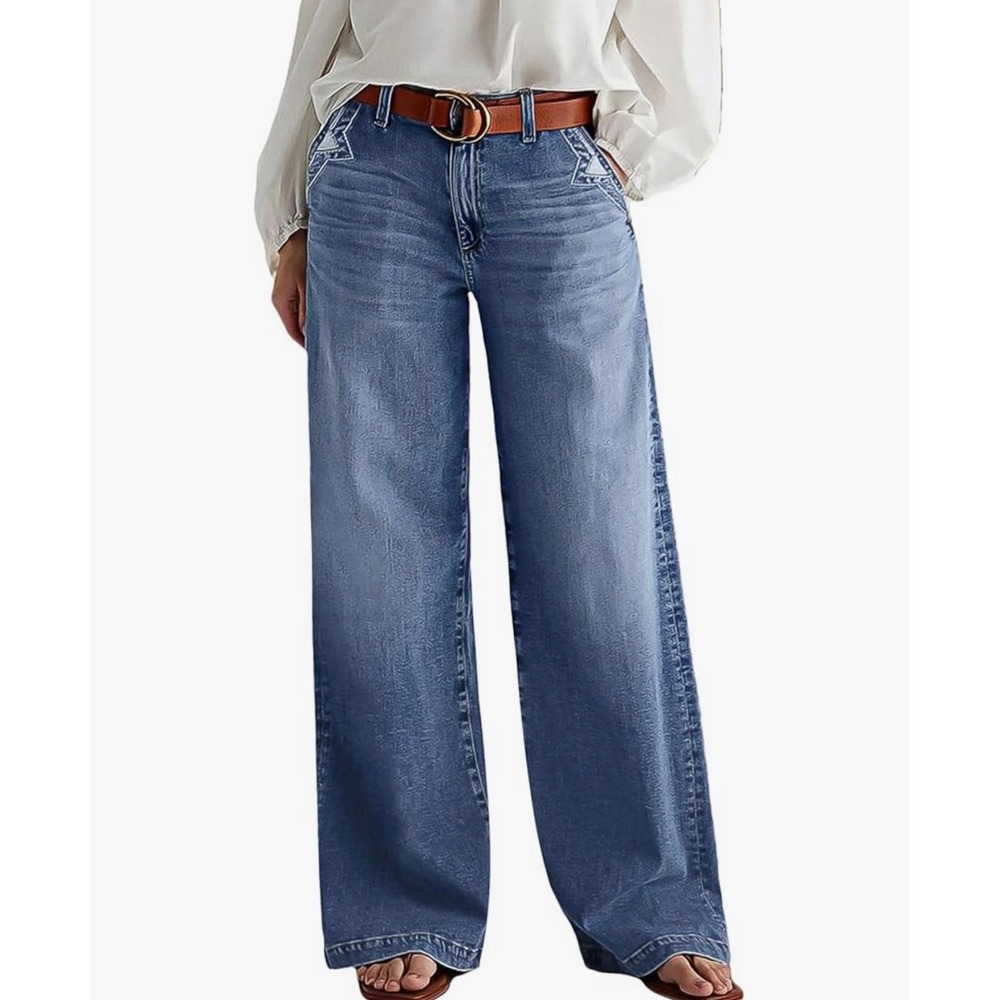NEW Flamingals Wide‎ Leg Relaxed Fit Star Detail Jeans Blue Medium Wash Size XXL